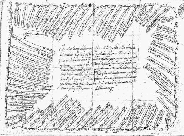 Plano y medición del término realizado en 1659 por Alonso Hernández. 1 Mapa, ms., montado sobre papel. 41x55 cm. Archivo general de Simancas MP y D-VII-123